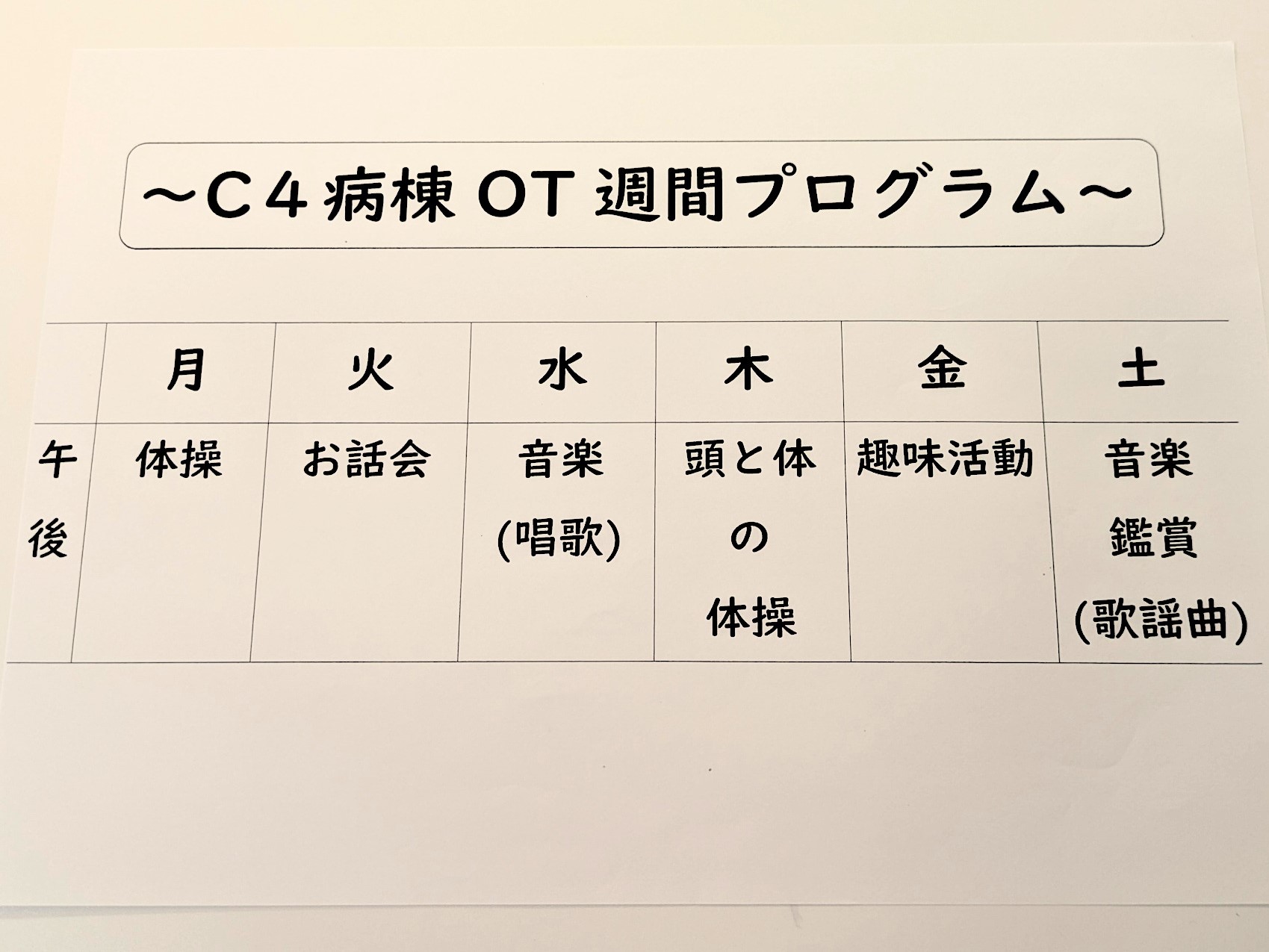 C4認知症病棟　プログラム内容（日曜以外毎日実施）